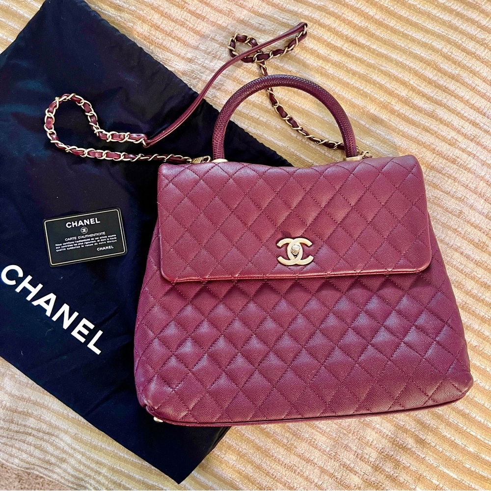 Authentic Chanel Coco Handle Caviar Leather + Lizard Bag Large